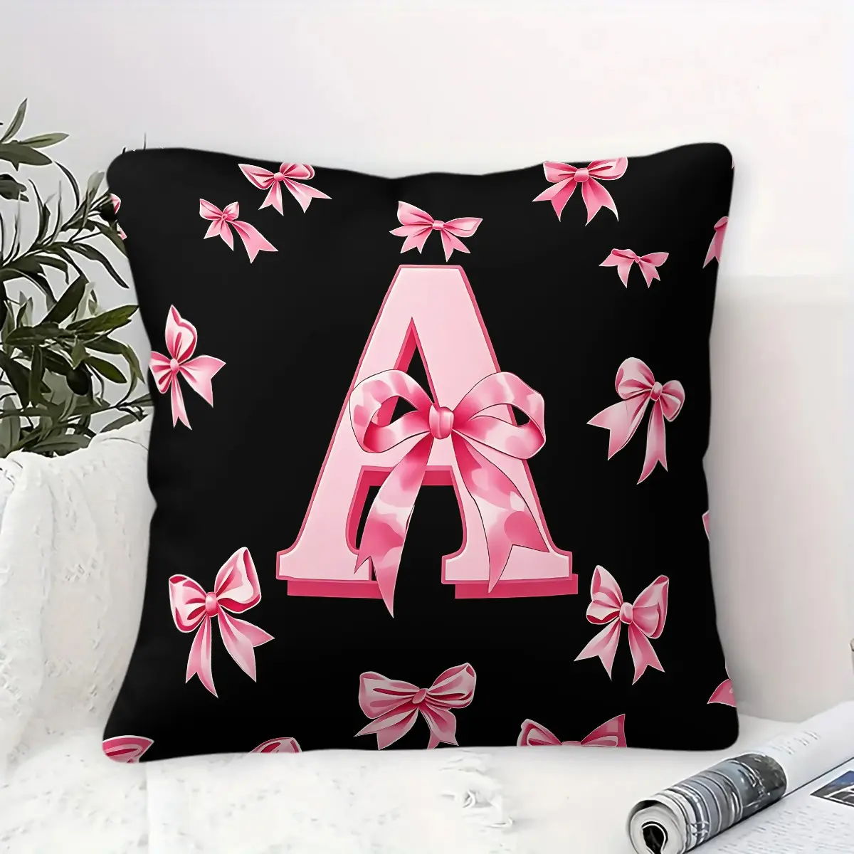 Pink Ribbon Bow Letter A-Z Throw Pillow, Black Pink Cute Coquette Cushion Accent Pillow, Includes Pillow Core, Soft Comfortable Home Decor Pillows for Sofa Bed Couch Living Room Dorm, Ideal Gift for Teen Girls Women