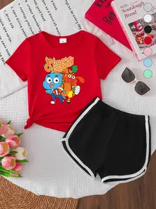Summer Girls Casual Sports Short Sleeve Shorts Set, Sportswear Set, Cartoon Print Athletic Top, Loose Fit Comfortable, Breathable, Perfect for Outdoor Play, Elastic Shorts Set