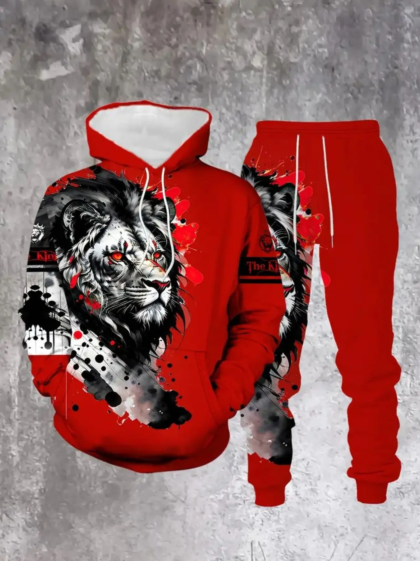 Men's Casual 3D Print Fabric Hoodie Set, Lion Ink Design, Long Sleeve Fitted Top & Pants, Fall Winter Fashion, Sporty Style