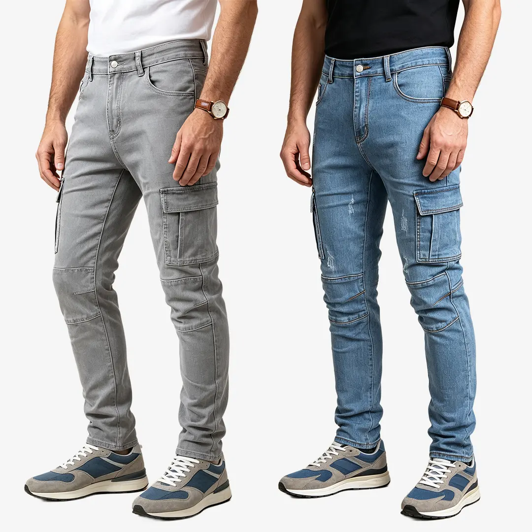 JUNBAOSS Men's 2-Pack Slim Stretch Minimalist Plain Cargo Pants, Multi-Pocket Menswear Street Style Tactical Work Trousers, Cotton Fabric for Daily Outdoor Use, Classic, Tapered