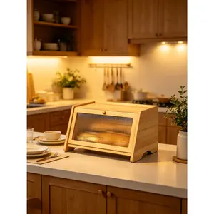 CUGBO Bamboo Airtight Bread Box, Farmhouse Style Corner Bread Storage Container, Large Capacity Kitchen Countertop Bread Keeper for Homemade Toast Loaf Pastry Food Fresh Keeping Organizer