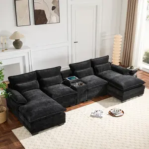 123*55" Modern U-shaped Sectional Sofa with Console, Cup Holders and USB Charger, 6 Seat Upholstered Symmetrical Indoor Furniture, Comfy Chenille Cloud Couch with Chaise for Living Room, Apartment