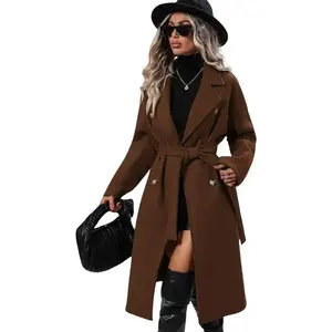 Womens Long Wool Pea Coat Notched Lapel Double Breasted Trench Coat Winter Warm Overcoat with Belt Womenswear Jackets