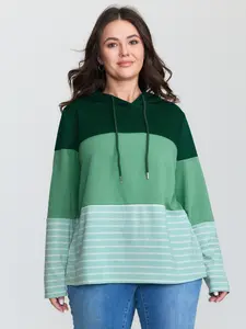 BloomChic Women's Patchwork Striped Drawstring Hoodie - Long-Sleeve Spandex Pullover Sweatshirt with Cozy Fabric and Flattering Fit Green Womenswear Swimweek