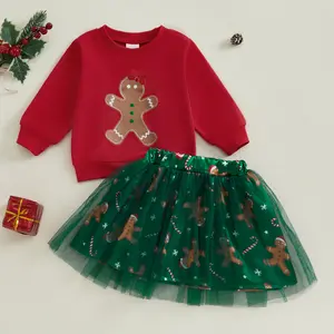Toddler Baby Girls 2Pcs Christmas Outfits 6 12 18 24Months 2T 3T 4T Long Sleeve Gingerbread Man Print Sweatshirt + Tulle Skirt Clothes