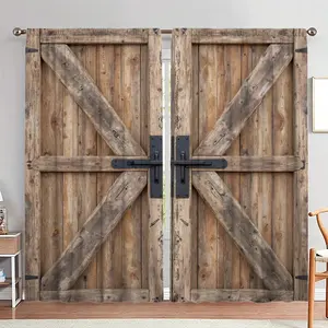 Wooden Barn Door Design Printing Curtain, 1 Set Wooden Door Pattern Door Curtain, Home Decor for Living Room Bedroom, Room Divider Curtain