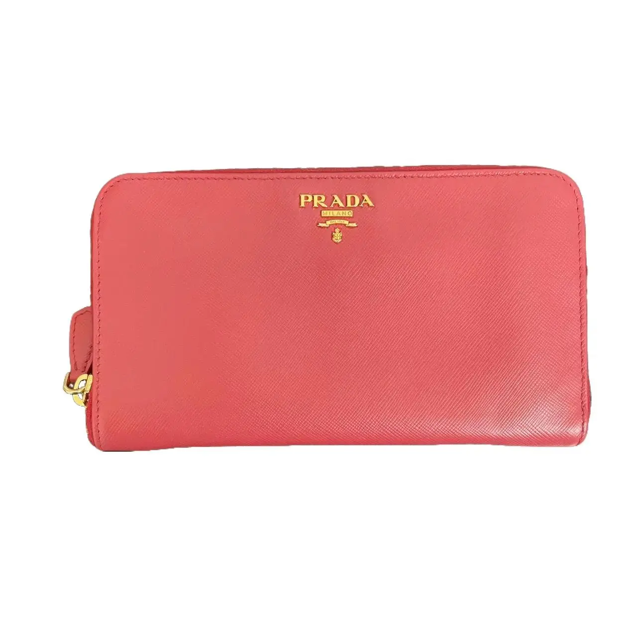 Pre-owned PRADA Vintage Rose Red Long Zip Wallet with Gold Hardware Classic Full Zip Closure Daily Use Saffiano Leather