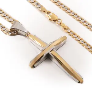 Hermah Cross Pendant Necklace with Flat Hammered Curb Cuban Chain Silver/Gold Mixed Color Stainless Steel Jewelry for Men Women