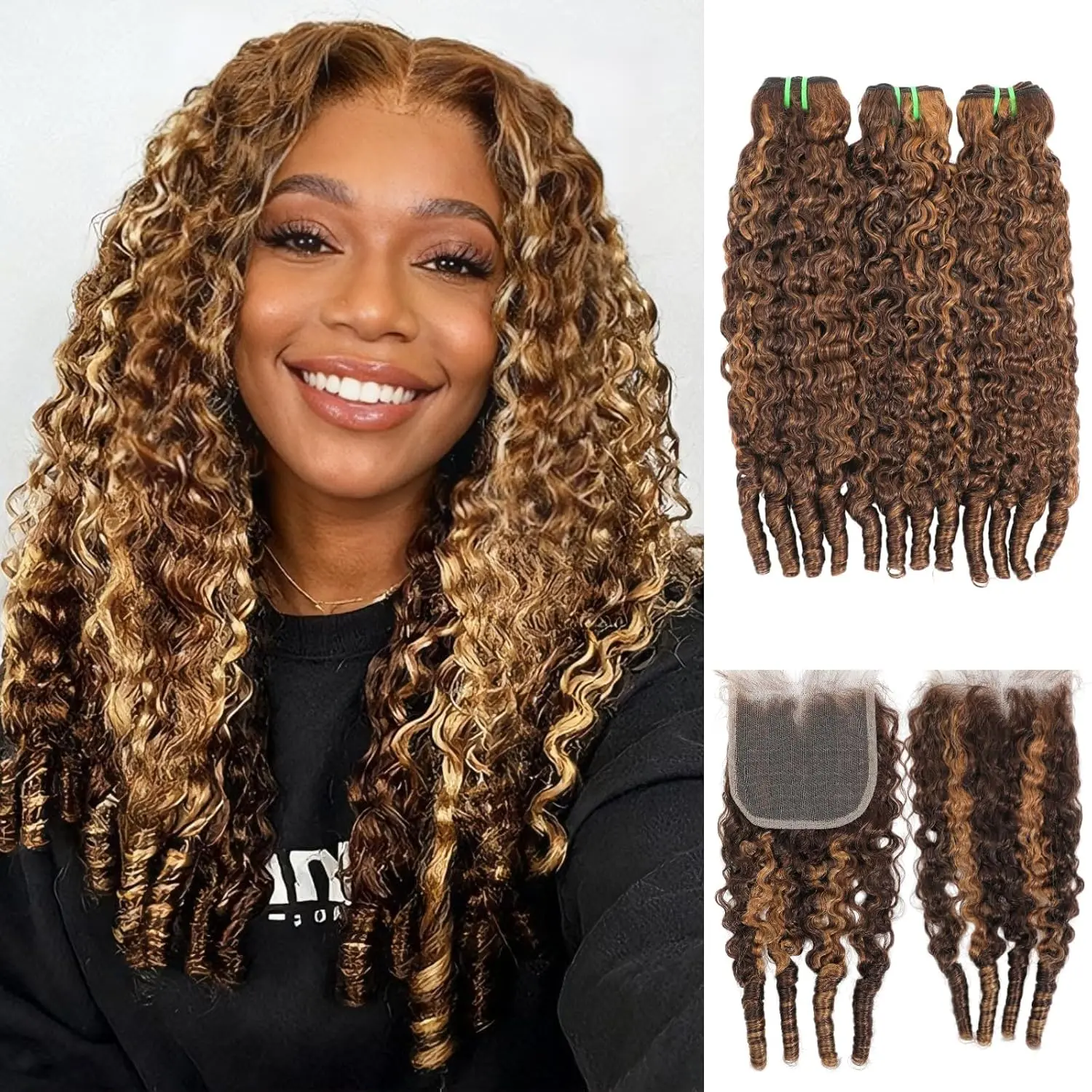 ALHER #P4/27 Burmese Curly 3 Bundles with 4x4 Closure Human Hair, 15A Honey Blonde Ombre Brown Bundles and 4x4 HD Lace Closure Free Part 3c4a Water Wave with Spiral Curly End 18 20 22+18 Closure
