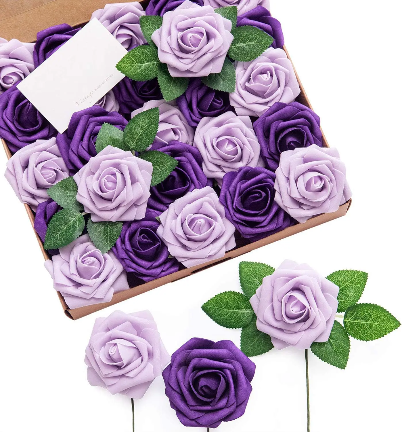 50pcs Lilac & Purple Artificial Roses Decor W/Stems, 3.15inch Real Touch DIY Foam Floral for Wedding Bouquet/Centerpieces, Outdoors Party Backdrop, Room/Table, and Garden Pot Decor