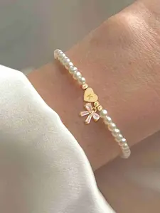 Heart Shape Initial Crystal Bow Pendant Bracelet, Retro Sweet Style, Faux Pearl Beaded Jewelry for Women, All Seasons Accessory