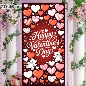 2D flat banner, 1pcValentine's Day Backdrop with Red Hearts & White Bears, Happy Valentine's Day Handwritten Text Decor, Festive Valentine's Party Decorations for Photo Booth, Cute Heart Stripes & Polka Dots Background