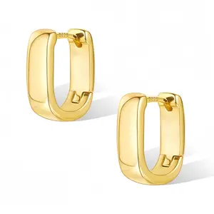 [S925 Post] 14K Gold Plated Rectangle Hoop Earrings for Women | Small Thick U-Shaped Geometric Hoops | Hypoallergenic & Tarnish-Free Jewelry | Minimalist Huggie Earrings for Sensitive Ears | TikTok Viral Gift men Surgical Steel Stud Set