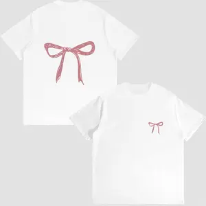 Pink Bow Graphic Tee Cute Minimalist Bow T Shirt Casual Daily Wear Gift For Teens Trendy Y2K Graphic Tee For Women Stylish Bow Themed Apparel