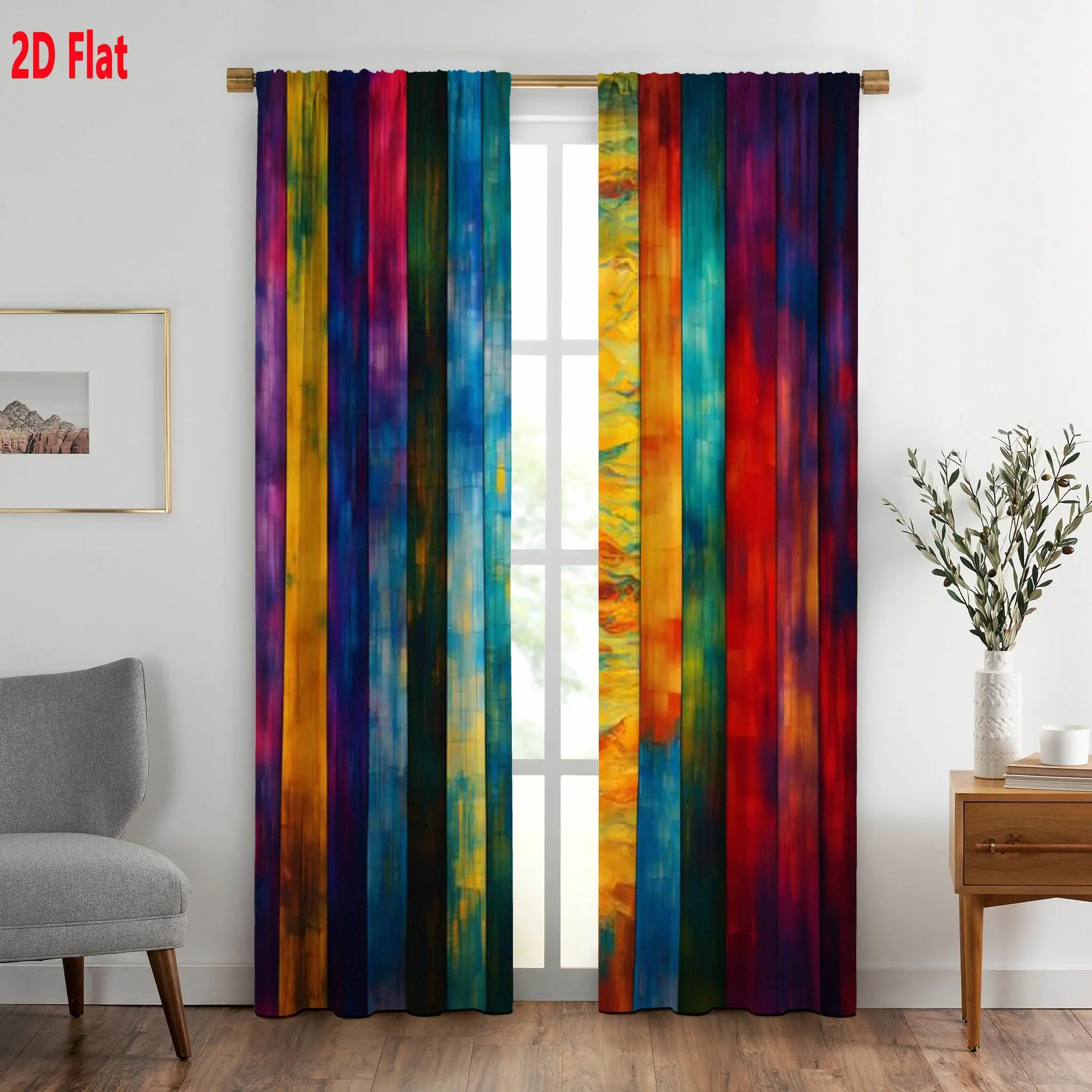 2Pcs Modern Abstract Stained Wooden Effect Vertical Panel Curtains, Colorful Gradient Blended Stripe Design, Vibrant Purple Red Yellow Blue Green Pattern, Textured & Smooth Block Combination, Dynamic Psychedelic for Living Room Bedroom Window Decor