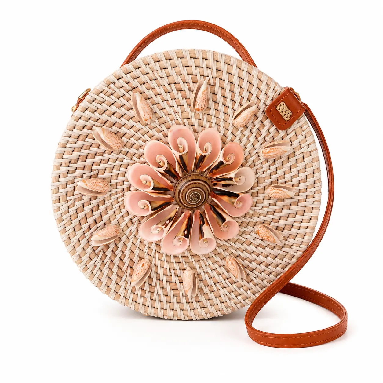 Handmade Round Rattan Crossbody Bag with Natural Shell Flower & Batik Lining | Lightweight Beach Vacation Purse