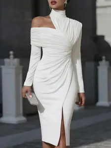 Irregular Long Sleeve Asymmetric Pleated Solid Color Front Slit Side Slit High Neck Midi Dress, Elegant, Formal, Stylish and Chic Women's Clothing