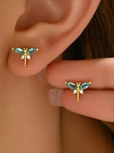 1 Pair of Women's Dragonfly Zircon Earrings with Fashionable and Simple Design, Insect Delicate, Mini Personality, Daily Versatile Earrings
