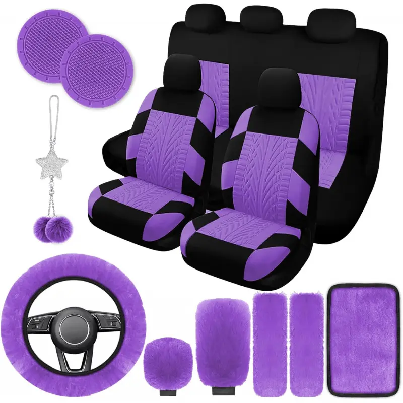 Women's 17-Piece Full Plush Auto Set - Universal SUV Interior Accessory Kit, Fluffy Steering Wheel/Handbrake/Gear Add-Ons, Automotive Decoration, Vehicle Decor (Patterned Purple)