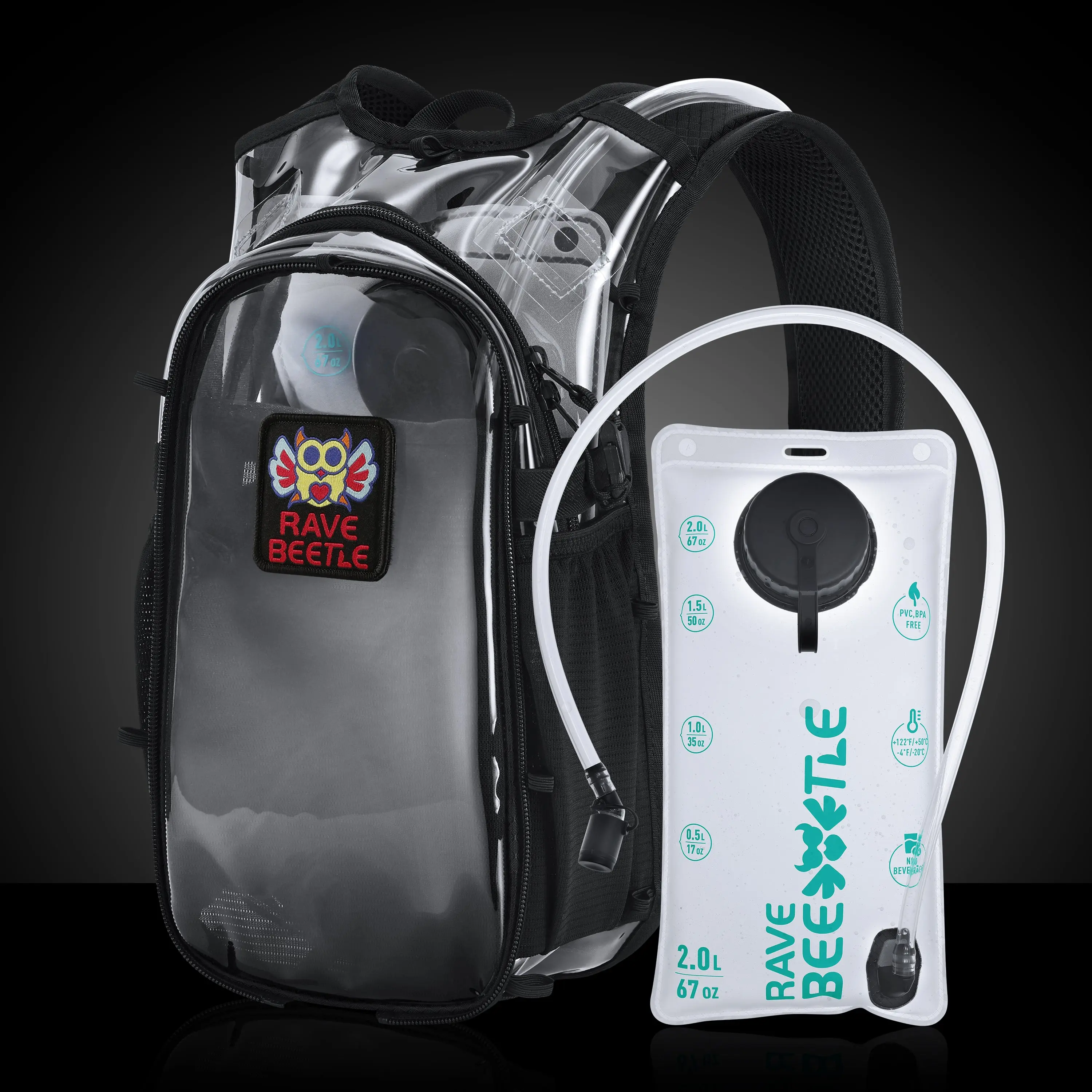RaveBeetle Elytra AIR Hydration Backpack – Lightweight Festival Pack with 2L Water Bladder (Clear)