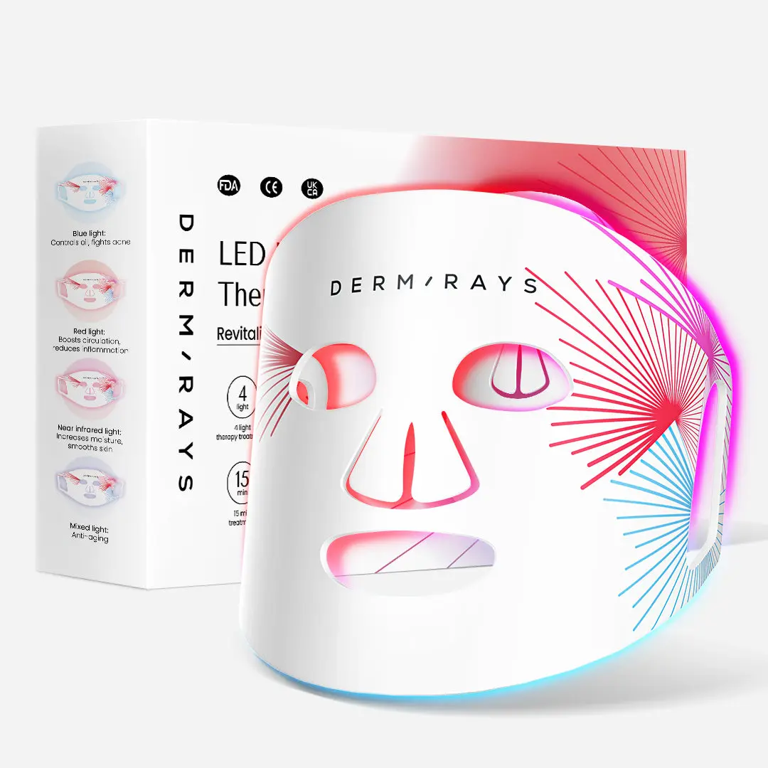 DermRays FDA-Cleared LED Light Therapy Silicone Mask, 4 Modes for Daily Facial, Red Light for Wrinkles & Collagen, Blue Light for Acne & Oil Control, Infrared for Scars & Repair, for Radiant Glow, Anti-Aging, Easy to Use, Timed, for All Skin Types