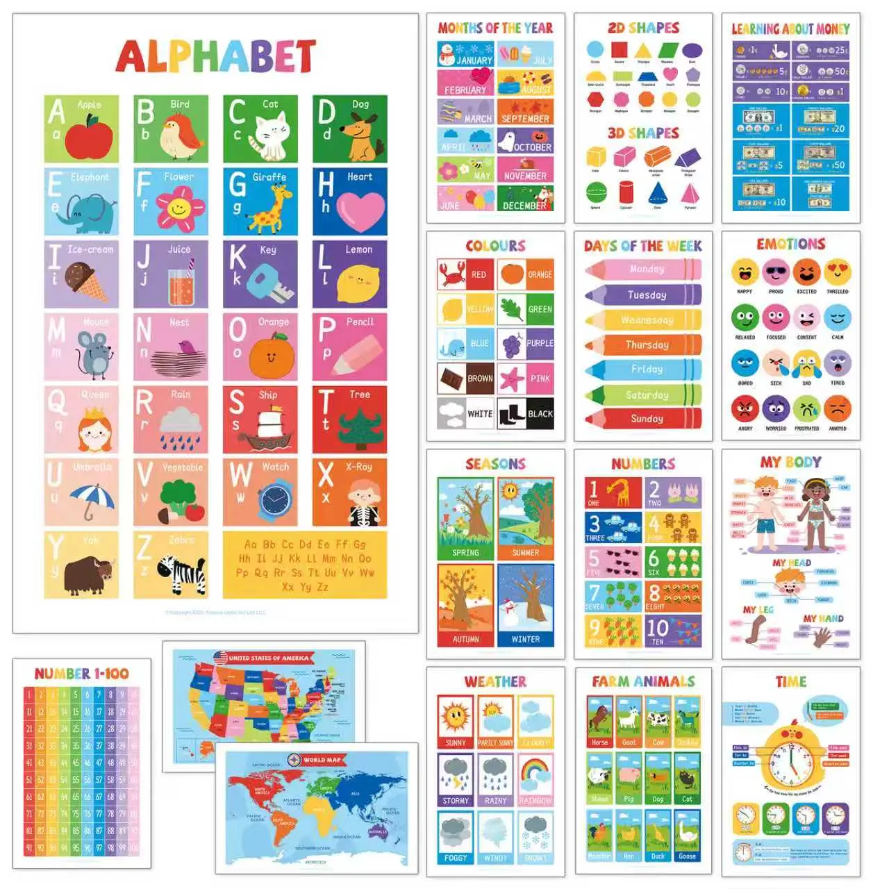 Preschool Learning Wall Posters for Toddlers Ages 2-6, 16 Pack Laminated Educational Charts for ABC, Numbers, Colors, Shapes, Homeschool & Classroom