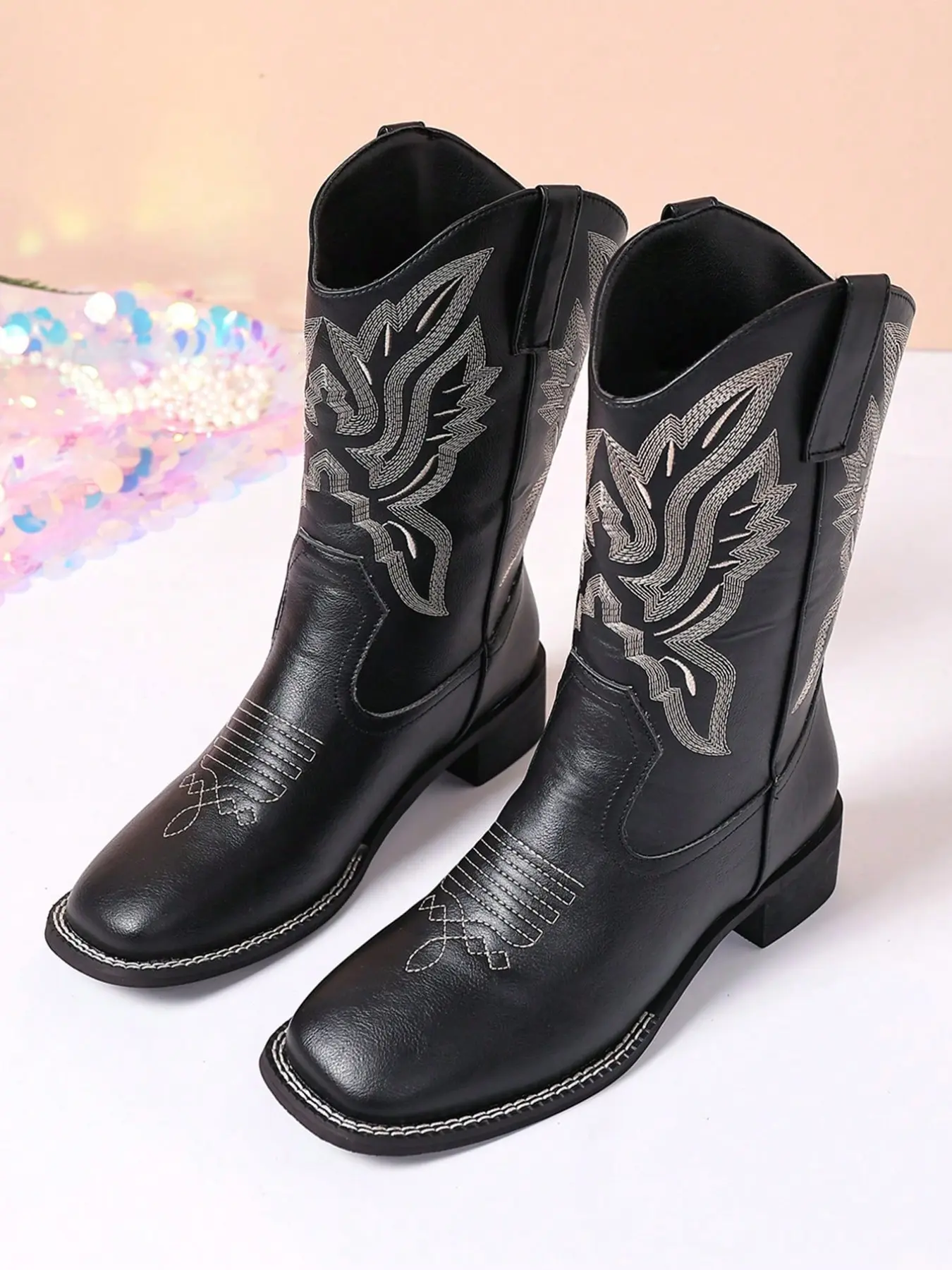 Women's Vintage Embroidered Western Cowboy Boots, Slip-On Square Toe Mid-Calf Boot, Ethnic Style Fashionable Riding Boots, Cowgirl Western Boots, Rodeo Western Boots