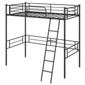 COSTWAY - Twin Size Loft Bed Metal Bed Frame with Ladder and Guardrails-Black