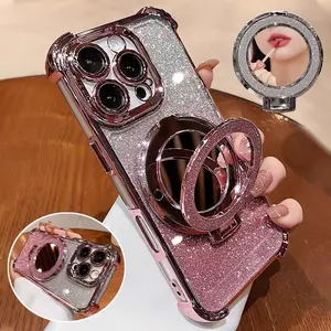 Sparkle Ring Mirror Stand Electroplated Corner Thick Anti-Drop Protective Phone Case Cover for iPhone 17 Air 16 Pro Max 15 Pro Max 14 Plus 13 12 Fashion Protection, Casing