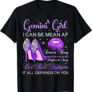 [100% Cotton] Gemini Girl Mean Butterfly Glitter Lips Heels Sparkle T-Shirt Sweet Money Evil Sunset Nightmare Fashion