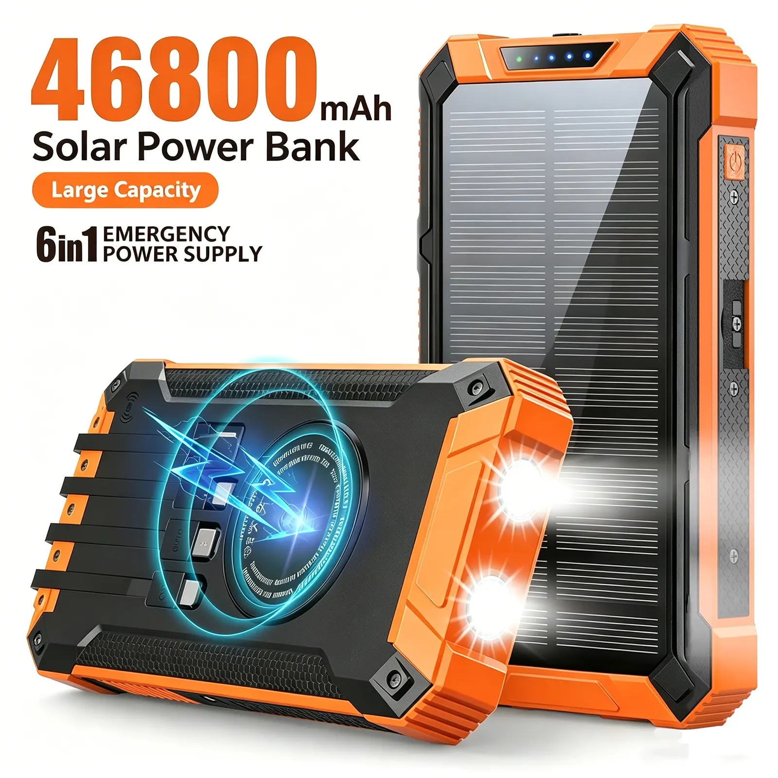 46800mAh Solar Charger Power Bank Wireless Charger Built in 4 Cables 6 Outputs, 15W Fast Charging Power Bank for All Mobile Devices with Dual Flashlights Rechargeable Battery Pack Durable Lithium Battery tiktokshopbacktoschool