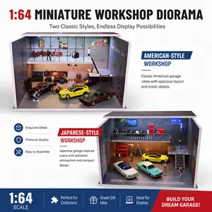 Diorama 1/64 Double Garage Repair Shop American Architecture Scene Die-Cast Car Collection 3 Lighting Colors Gift Car Enthusiasts