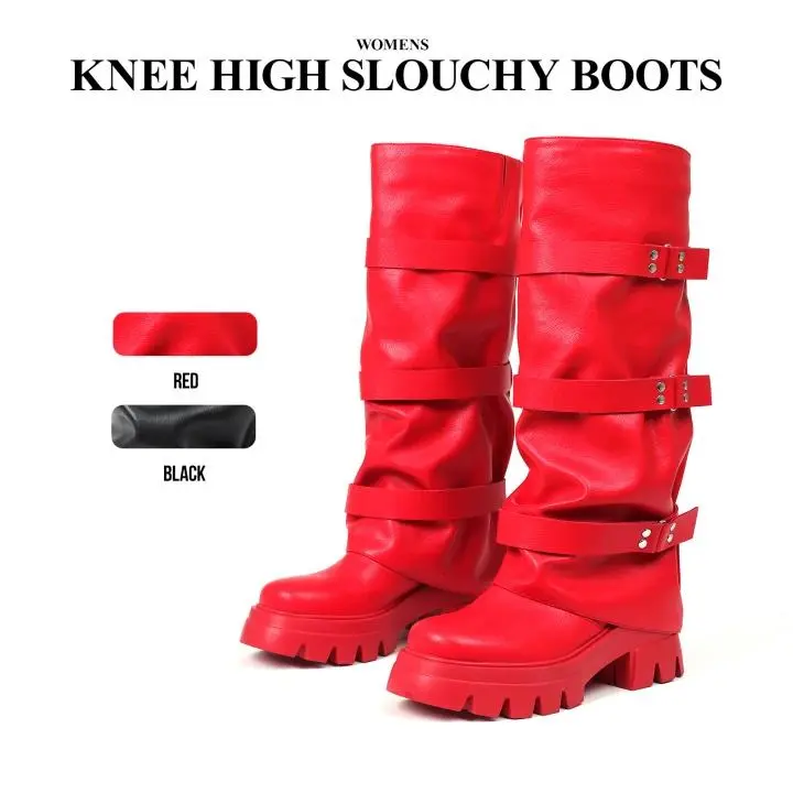 CYNLLIO Knee High Boots Women Slouchy Fold Over Platform Boots Chunky High Heels Long Ruched Boots Gothic Buckle Round Toe Dress Spring Tall Boots for Womens Deals For You Days