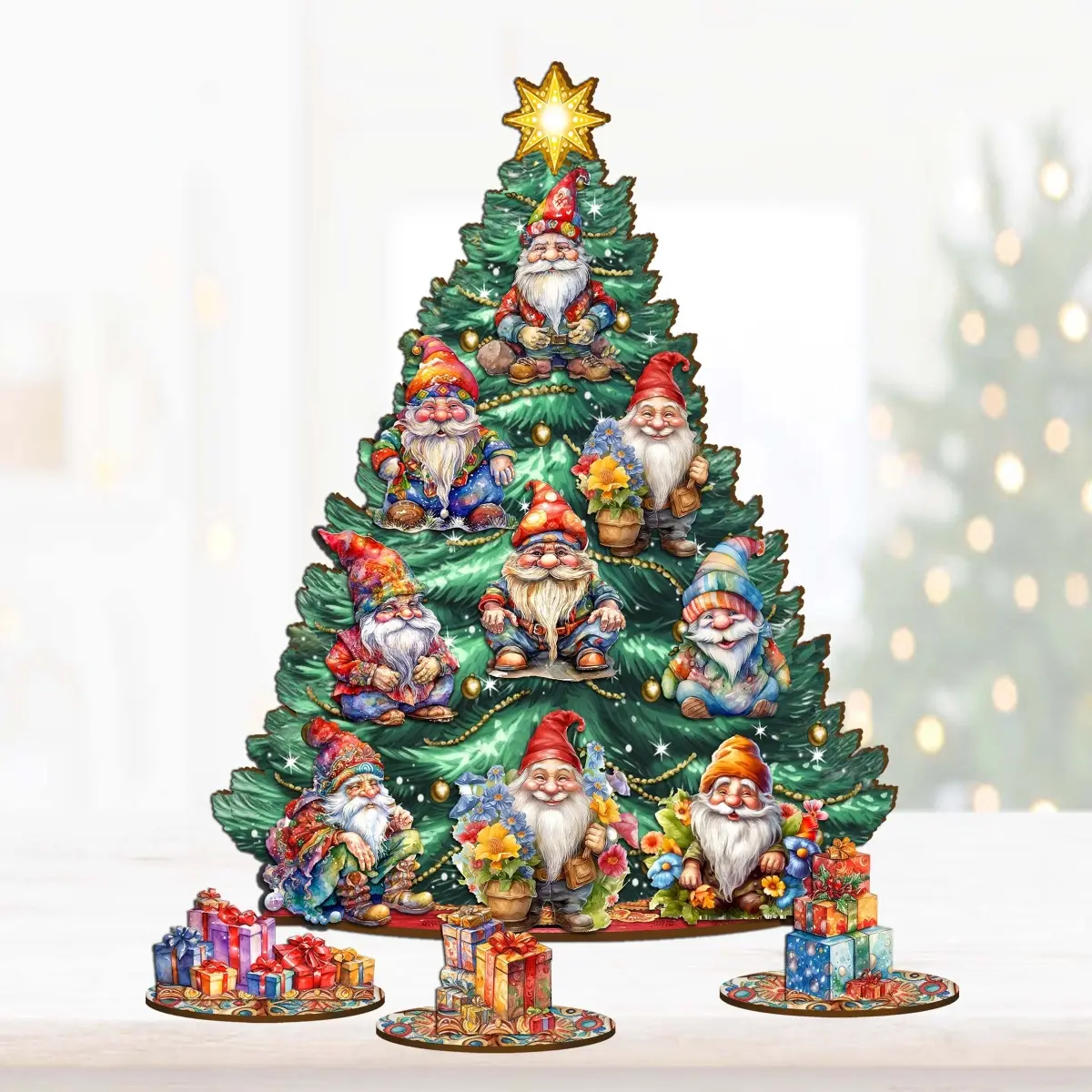 Designocracy 8091512 Decorative Wooden Gnome Christmas Tree Ornaments - 12.5 in. Tabletop Set with Tiny Twinkling Lights for Family Christmas Decorations, Collectibles
