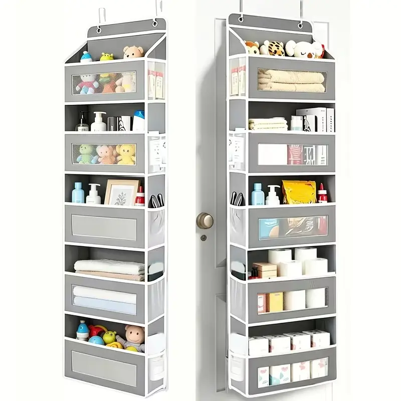 Heavy Duty 5 Tier Over-The-Door Organizer Grey 1 Pack, Anti-Tilt Hanging Storage with 10 Pockets Clear Windows 48lbs Capacity, Over Door Storage Organizer for Bathroom Kitchen Closet Small Space Organization