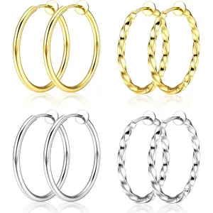 Sanfenly 8Pcs Clip On Hoop Earrings for Women Stainless Steel, Silver Gold Non Piercing Big Hoop Earring Hypoallergenic Twisted Hoop Earrings for Non Pierced Lightweight Ears