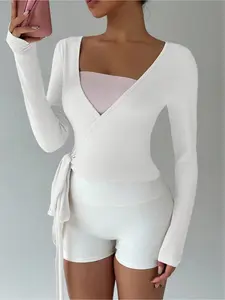 Women's Multicolor Yoga Fitness Front-Tie V-Neck Long Sleeve Cropped Tee, a minimalist and elegant essential for spring and autumn seasons, Front Top