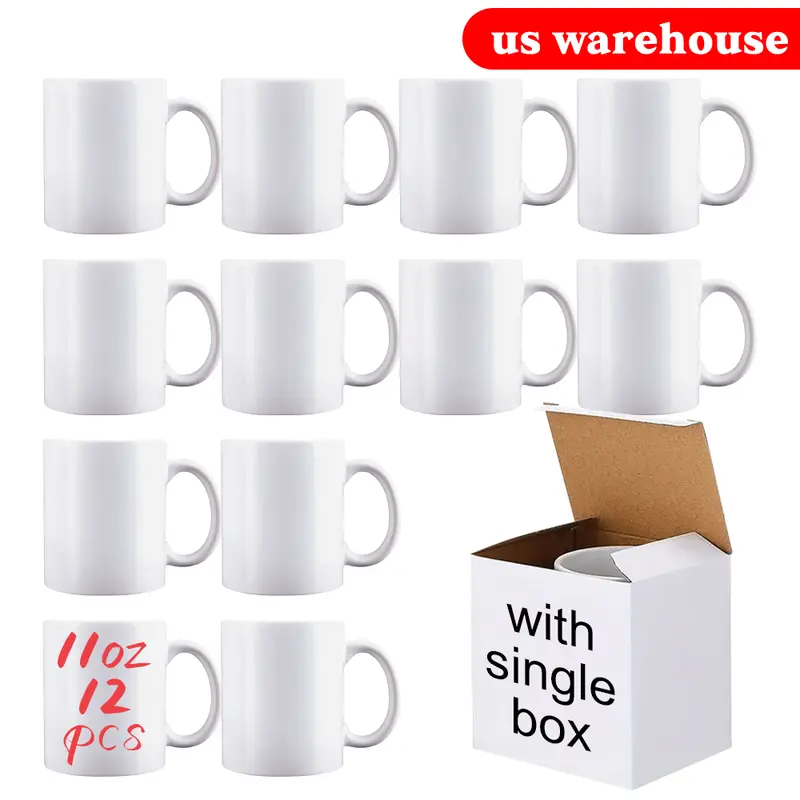 12-Pack Mug Set - 11oz White Sublimation Blank Ceramic Coffee Cups with Handle, Sublimation Coat, Custom Name Print, DIY Dishwasher Safe Reusable Drinkware, Individually Packed for Small Business Craft Gifts, US Warehouse Ship