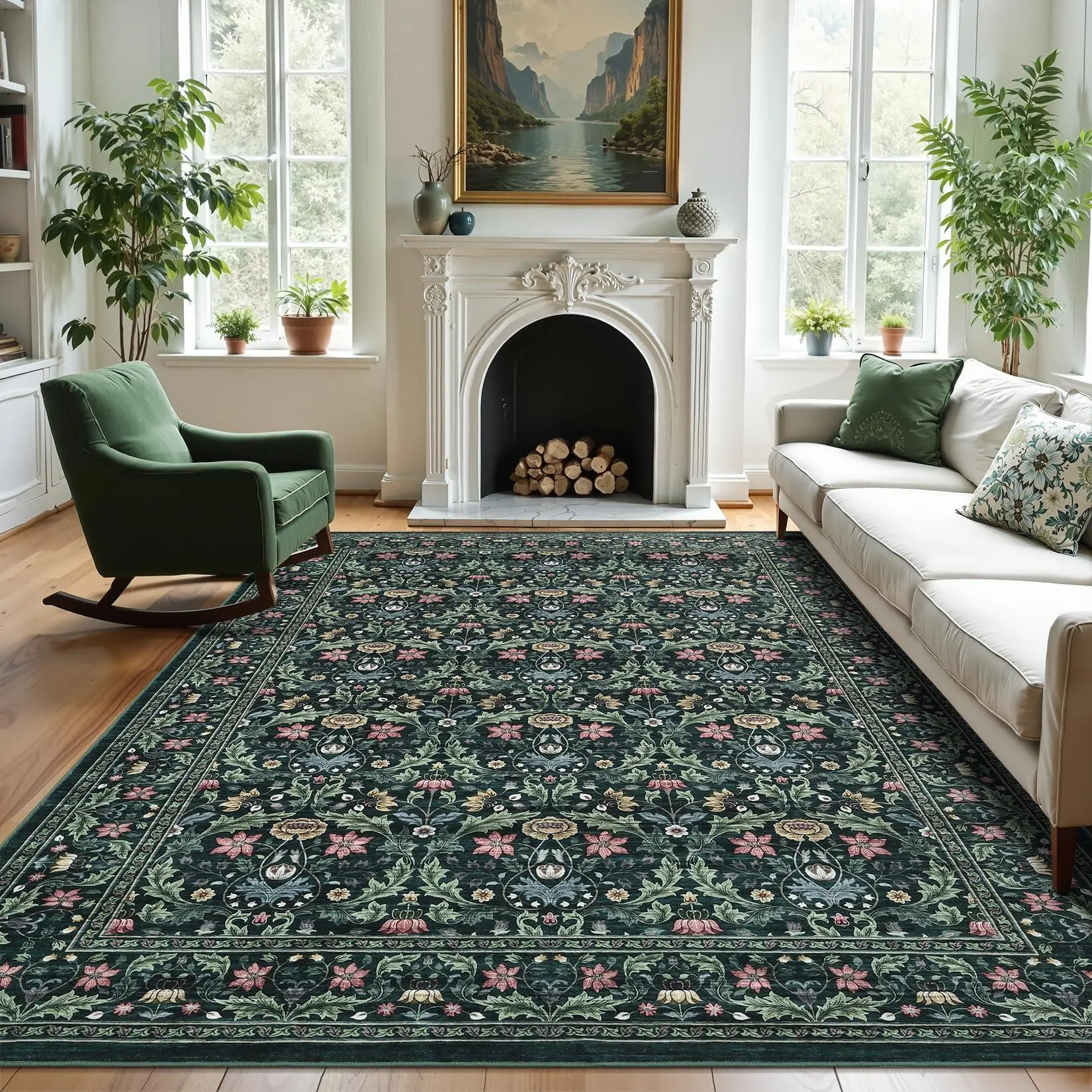 5x7 Area Rug - Non-Slip Low Pile Classic Vintage Floral Oriental Indoor Carpet, Machine Washable, Stain Resistant, Soft, Tumble Dry on No-Heat, Use Soft Roller Head for Living Room, Bedroom Home Decor (Green)