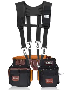 Trutuch Black Nylon & Leather Tool Belt with 24 Pockets, Framers Tool Belt, 100% Genuine Leather, Clip Closure, and D-Ring for Easy Storage