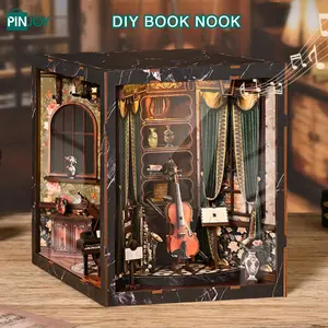 Wooden Music Theme Model DIY Kit, Bookshelf Decoration 3D Puzzle with Acrylic Dust Cover, Fun Educational Craft Project for Adults & Teens, Book Nook Puzzle