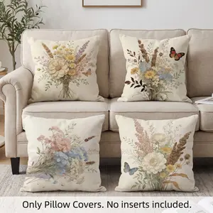 Set of 4 Decorative Spring Wreath Pillow Covers - Dried Wildflower Bouquet & Butterfly Linen Cushion Case for Farmhouse Decor Room Bedroom Sofa Chair Car 0126YM