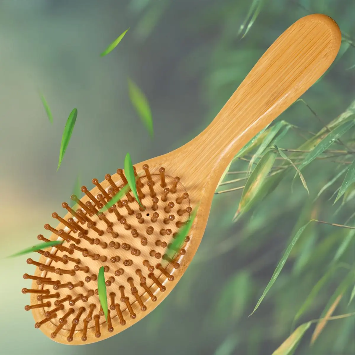 Bamboo Hair Brush, Natural Wooden Massage Cushion, Wide-tooth Detangling Brush for Thick Hair, Scalp Care for Women Men
