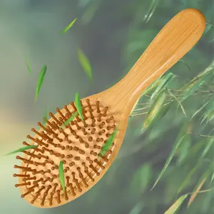 Bamboo Hair Brush, Natural Wooden Massage Cushion, Wide-tooth Detangling Brush for Thick Hair, Scalp Care for Women Men