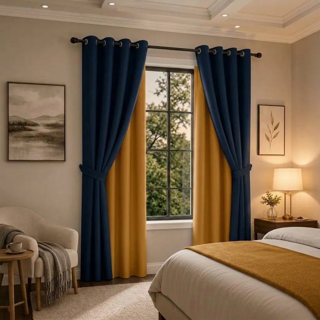 Blackout Grommet Curtains - 2-Piece 4-Panel 52"x84" Polyester, 2-Tone Flat Weave, Rustic Look, UV Protection, Hand Wash Only, Bedroom Decor, Decor for Living Room, Darkening Curtains (QF222)