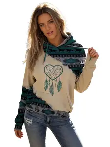 Women's Boho Tribal Aztec Hoodie with Horse Print & Heart Dreamcatcher – Navajo Geometric Pattern Long Sleeve Drawstring Hooded Sweatshirt, Vintage Western Ethnic Color Block Casual Pullover with Pocket,  Bohemian Hooded Top for Daily Wear
