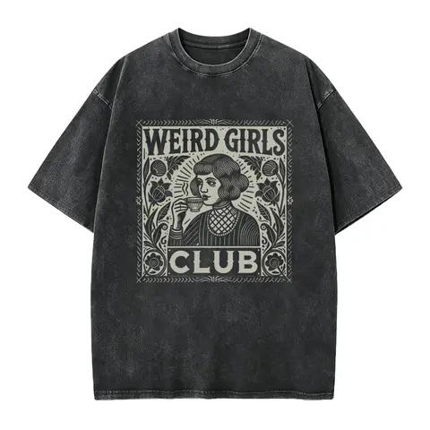 Women's Weird Girls Club Graphic Cotton Tee - Soft Retro Fabric, Fitted Short-Sleeve Top, Whimsical Goth Witchy Weirdcore Aesthetic for Casual Alt Clothes