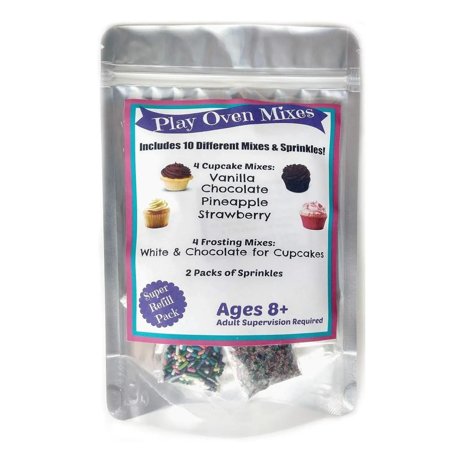 Children's Easy to Bake Oven Mixes Play Real 10 Cupcake Super Pack Mega Refill Kit Vanilla Chocolate Strawberry Pineapple Frosting Sprinkles Ultimate Set Net Wt 6.4 oz DIY Decor