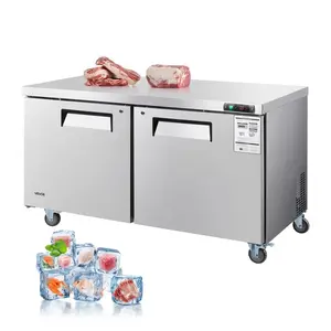 60" W Commercial Freezer, 14.8 Cu.Ft Worktop Freezers Undercounter with LED Auto Lighting and Lockable Door, 2 Doors Food Freezing Prep Worktable, Stainless Steel Prep Frozen Table with Casters