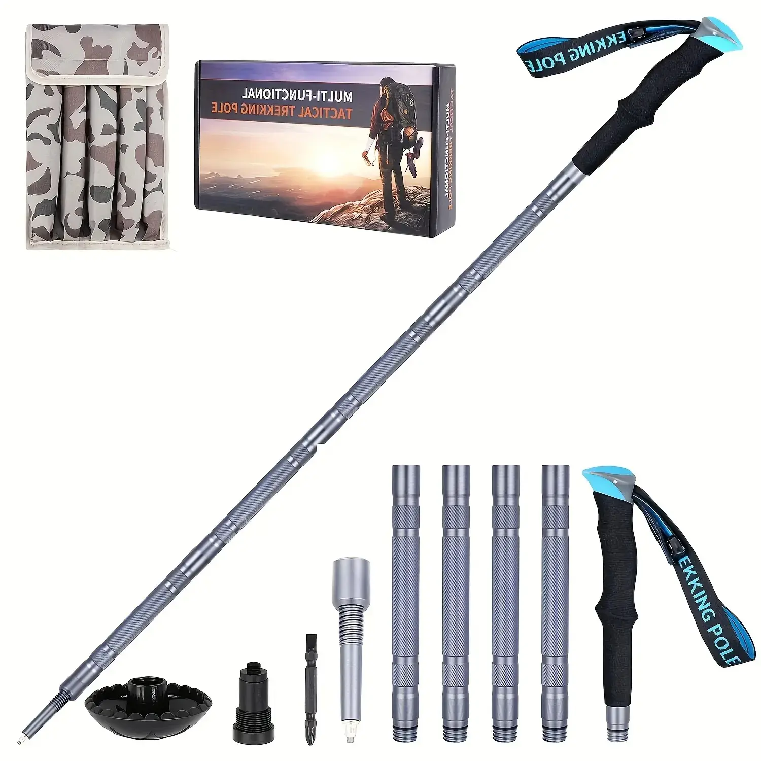 Collapsible Tube Trekking Pole - Lightweight Tactical Hiking Stick with Camo, Paracord Lanyard, Compact Camo Carry Pouch, Integrated Survival Gear, Hiking Gear for Emergency Use, Women’s Backpacking Travel Accessory